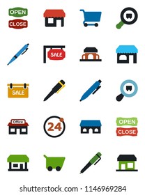 Color and black flat icon set - 24 around vector, shop, pen, store, search cargo, sale, cafe building, open close, cart, storefront
