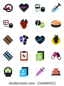 Color and black flat icon set - heart pulse vector, diagnosis, syringe, blood pressure, pills, blister, tomography, real, clipboard, hospital