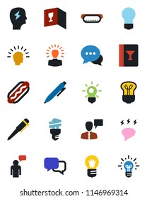 Color and black flat icon set - speaking man vector, pen, brainstorm, bulb, dialog, wine card, hot dog, energy saving, shining head, idea
