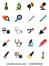 Color and black flat icon set - trowel vector, pruner, saw, stethoscope, blood pressure, thermometer, heart diagnostic, microscope, scalpel, microphone