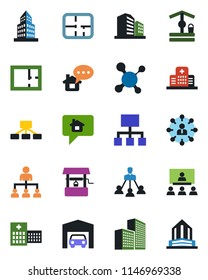 Color and black flat icon set - hierarchy vector, well, molecule, hospital, office building, garage, plan, home message