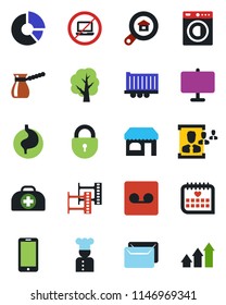 Color and black flat icon set - no laptop vector, shop, lock, mobile phone, circle chart, tree, doctor case, stomach, medical calendar, truck trailer, film frame, record, presentation board, hr