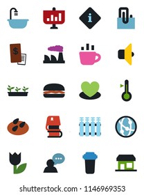 Color and black flat icon set - coffee vector, factory, seedling, seeds, heart, tulip, network, speaker, paper clip, book, bathroom, restaurant receipt, hamburger, water filter, thermometer, sound