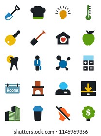 Color and black flat icon set - calculator vector, shovel, fireplace, molecule, caries, download, mute, office building, support, manager, rooms, key, sweet home, cook hat, apple fruit, water filter