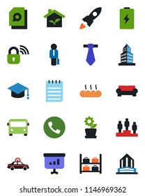 Color and black flat icon set - airport bus vector, phone, alarm car, luggage storage, pedestal, graduate, notepad, office building, document search, manager, cushioned furniture, flower in pot, tie