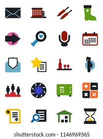 Color and black flat icon set - right arrow vector, safe, mail, pedestal, calculator, document search, boot, heart diagnostic, pregnancy, warehouse, microphone, favorites list, mobile camera, kebab