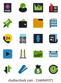 Color and black flat icon set - male vector, passport, seat map, calculator, money bag, drawing pin, ladder, 24 hours, support, news, radio phone, play button, scanner, folder, data exchange, rooms