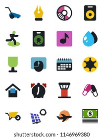 Color and black flat icon set - airport tower vector, mouse, circle chart, wheelbarrow, lawn mower, water drop, pills, run, plane, term, fragile, warehouse storage, speaker, alarm, music, ink pen