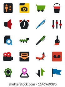 Color and black flat icon set - elevator vector, bucket, caterpillar, navigation, settings, themes, alarm, mail, record, data exchange, video, photo gallery, sertificate, document search, pen, sound