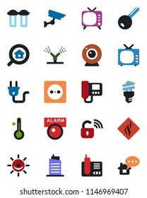 Color and black flat icon set - tv vector, radio phone, estate search, key, city house, socket, power plug, wireless lock, irrigation, web camera, intercome, water filter, smoke detector, alarm led