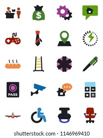 Color and black flat icon set - passport control vector, disabled, plane, calculator, money bag, ladder, ambulance star, pin, gamepad, settings, charge, tie, stamp, pen, bread, surveillance