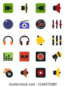 Color and black flat icon set - vinyl vector, flame disk, microphone, radio, speaker, settings, equalizer, headphones, fast forward, rewind, rec button, bell, record, sound