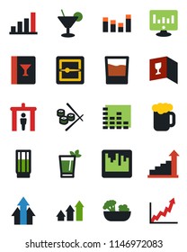 Color and black flat icon set - security gate vector, growth statistic, monitor, equalizer, scanner, bar graph, wine card, drink, cocktail, phyto, beer, salad, sushi, arrow up