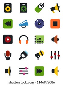 Color and black flat icon set - vinyl vector, microphone, speaker, loudspeaker, settings, equalizer, headphones, stop button, fast forward, rewind, rec, rca, hdmi, tuning, sound