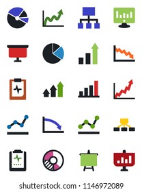 Color and black flat icon set - growth statistic vector, presentation board, monitor, circle chart, pulse clipboard, bar graph, pie, point, arrow up, crisis, hierarchy