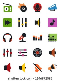 Color and black flat icon set - vinyl vector, flame disk, microphone, radio, speaker, loudspeaker, settings, equalizer, headphones, fast forward, tuning, mute, music, sound, advertising
