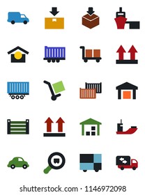 Color and black flat icon set - sea shipping vector, truck trailer, cargo container, car delivery, port, consolidated, warehouse storage, up side sign, package, search, moving