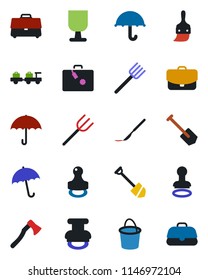 Color and black flat icon set - suitcase vector, umbrella, stamp, baggage larry, job, farm fork, bucket, axe, scalpel, fragile, themes, case