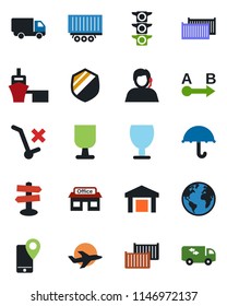 Color and black flat icon set - signpost vector, earth, store, plane, traffic light, support, mobile tracking, truck trailer, cargo container, car delivery, sea port, fragile, umbrella, no trolley