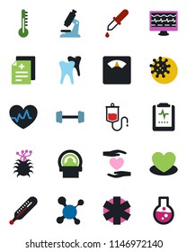 Color and black flat icon set - heart vector, pulse, monitor, diagnosis, molecule, dropper, thermometer, microscope, scales, tomography, ambulance star, barbell, hand, tooth, clipboard, virus, flask