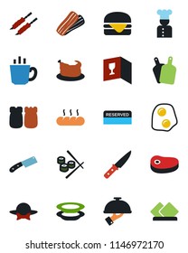 Color and black flat icon set - cook vector, wine card, reserved, coffee, plates, bacon, waiter, salt and pepper, bread, dress code, chicken, steak, kebab, hamburger, cutting board, knife, sushi