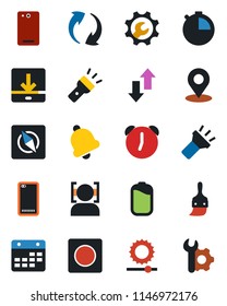 Color and black flat icon set - phone back vector, update, themes, alarm, stopwatch, bell, record, calendar, data exchange, download, torch, brightness, place tag, compass, face id, battery