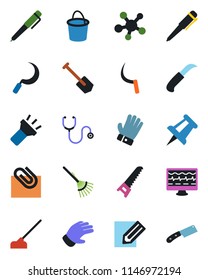 Color and black flat icon set - pen vector, drawing pin, job, pencil, rake, bucket, glove, saw, hoe, sickle, garden knife, monitor pulse, stethoscope, share, torch, paper clip