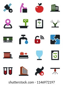 Color and black flat icon set - baggage conveyor vector, baby room, office building, document reload, blood test vial, pulse clipboard, navigation, satellite, fragile, heavy scales, railroad