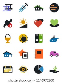 Color and black flat icon set - book vector, sun, heart, syringe, satellite, term, film frame, favorites list, network, brightness, eye id, copybook, pie graph, house with garage, pond, egg stand