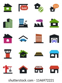 Color and black flat icon set - airport tower vector, shop, building, factory, house, store, office, garage, sold signboard, city, crane, estate insurance, eco, warm floor, home message, storefront