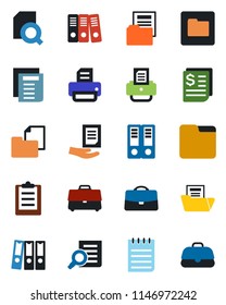 Color and black flat icon set - office binder vector, document search, notepad, printer, receipt, folder, clipboard, case, paper