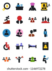 Color and black flat icon set - dispatcher vector, bed, speaking man, pedestal, team, disabled, client, user, identity card, hr, manager desk, career ladder, search, estate agent, cook, group