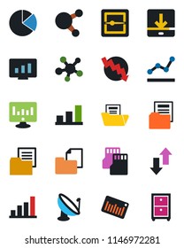 Color and black flat icon set - crisis graph vector, statistic monitor, folder document, barcode, satellite antenna, share, scanner, sd, data exchange, download, bar, pie, point, archive box