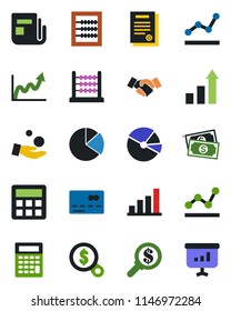 Color and black flat icon set - credit card vector, handshake, growth statistic, cash, news, calculator, bar graph, pie, abacus, point, contract, money search, investment, presentation