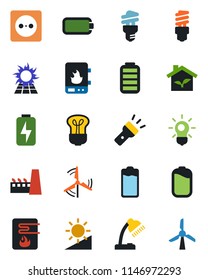 Color and black flat icon set - battery vector, torch, brightness, charge, desk lamp, windmill, factory, eco house, socket, water heater, bulb, energy saving, sun panel