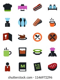 Color and black flat icon set - hot cup vector, spoon and fork, coffee, waiter, cook, restaurant table, cafe, hat, wine card, menu, drink, plates, bacon, salt pepper, receipt, chicken, steak