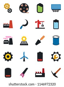 Color and black flat icon set - gear vector, factory, trowel, saw, sickle, truck trailer, oil barrel, reel, battery, low, root setup, sun panel, crane, windmill, hard work