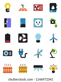 Color and black flat icon set - bulb vector, low battery, desk lamp, heater, air conditioner, fridge, home control, socket, power plug, fan, water, warm floor, windmill, idea
