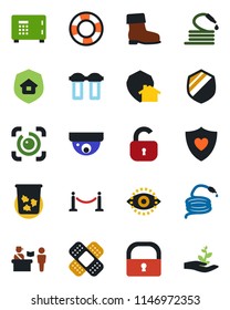 Color and black flat icon set - fence vector, passport control, trash bin, safe, boot, hose, patch, heart shield, lock, eye id, estate insurance, water filter, home protect, surveillance