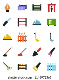Color and black flat icon set - security gate vector, safe, trowel, rake, saw, hoe, garden knife, cargo container, rack, ink pen, heater, dish, ladle, radiator