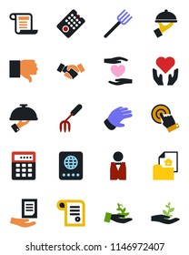 Color and black flat icon set - passport vector, handshake, document, garden fork, farm, glove, heart hand, touch screen, finger down, estate, waiter, remote control, combination lock, palm sproute