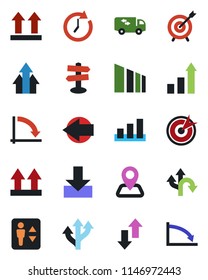 Color and black flat icon set - elevator vector, left arrow, growth statistic, crisis graph, route, signpost, navigation, up side sign, sorting, data exchange, download, moving, target, clock