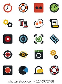 Color and black flat icon set - ticket office vector, contract, pills blister, rec button, record, eye id, pie graph, target, omelette, gear, washer, clock, crisis management