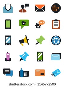Color and black flat icon set - mobile phone vector, speaking man, mail, office, loudspeaker, paper pin, message, network, clipboard, home