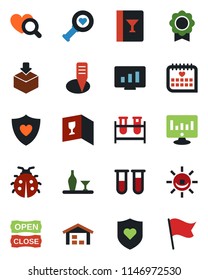 Color and black flat icon set - statistic monitor vector, lady bug, plant label, blood test vial, heart diagnostic, shield, medical calendar, package, sertificate, warehouse, alcohol, wine card