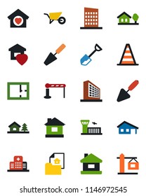 Color and black flat icon set - barrier vector, border cone, airport building, office, trowel, shovel, wheelbarrow, house, hospital, with garage, tree, plan, estate document, sweet home, city, crane