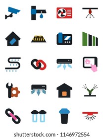 Color and black flat icon set - drip irrigation vector, sorting, chain, root setup, air conditioner, smart home, intercome, control app, water filter, warm floor, surveillance, sprinkler
