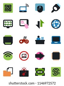 Color and black flat icon set - no laptop vector, bomb in case, wireless notebook, right arrow, mouse, monitor pulse, folder document, gamepad, pc, hdmi, network, data exchange, manager desk, chip