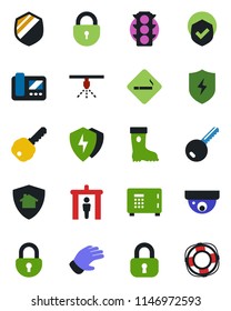 Color and black flat icon set - security gate vector, smoking place, safe, lock, glove, boot, traffic light, shield, protect, key, intercome, home, surveillance, sprinkler, crisis management