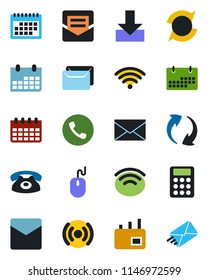 Color and black flat icon set - phone vector, mail, mouse, calendar, update, download, wireless, calculator
